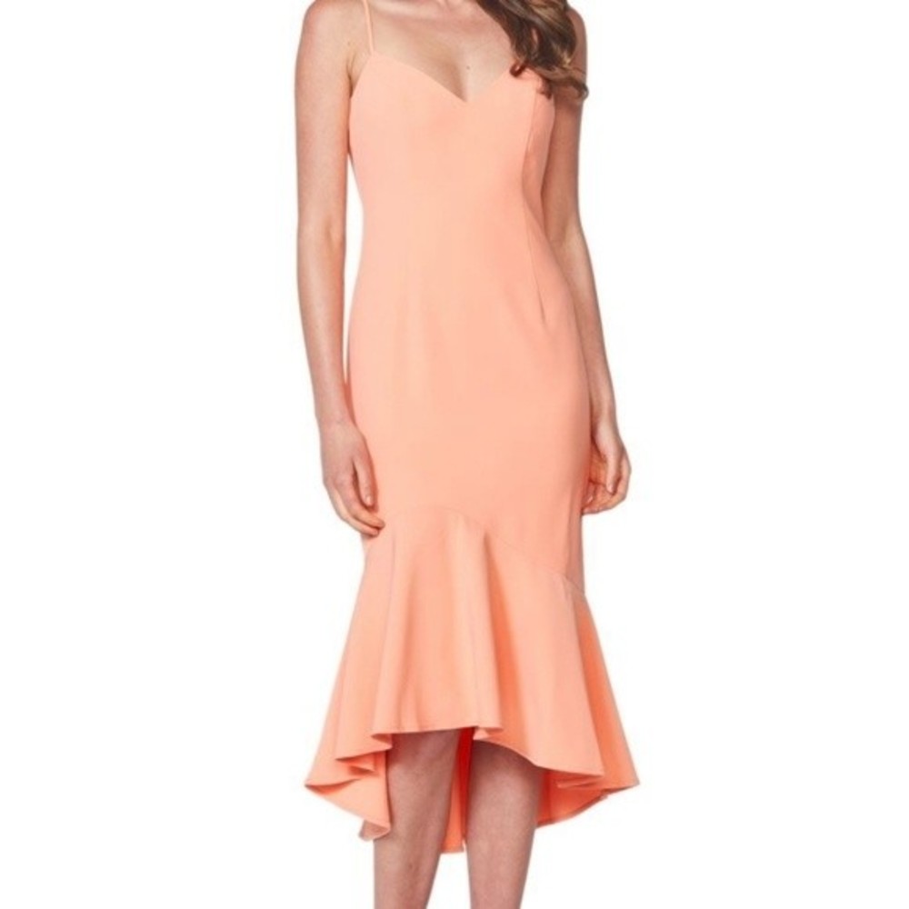 Bardot Coral Peach Midi Slip Dress with Ruffled Hem
